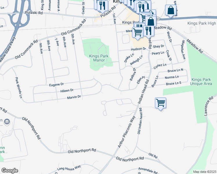 map of restaurants, bars, coffee shops, grocery stores, and more near 48 Ellen Place in Kings Park