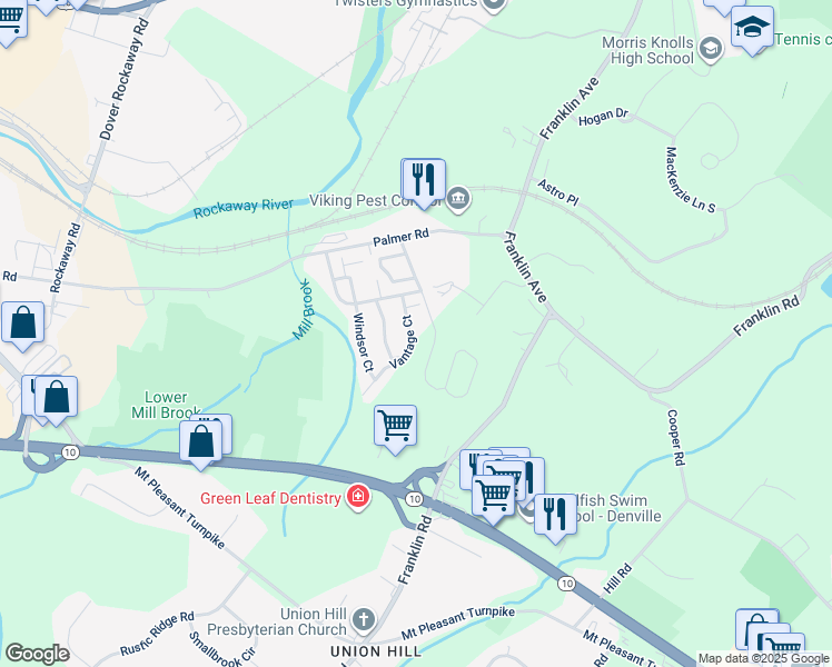 map of restaurants, bars, coffee shops, grocery stores, and more near 2808 Vantage Court in Denville