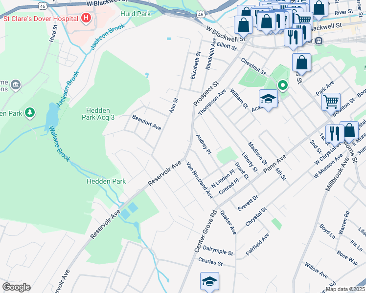 map of restaurants, bars, coffee shops, grocery stores, and more near 249 Prospect Street in Dover