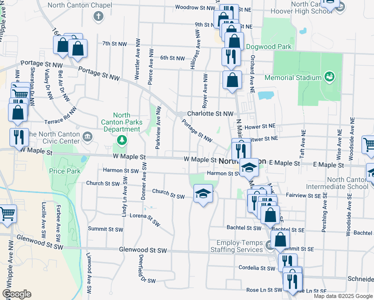 map of restaurants, bars, coffee shops, grocery stores, and more near 115 Hillcrest Avenue Northwest in North Canton