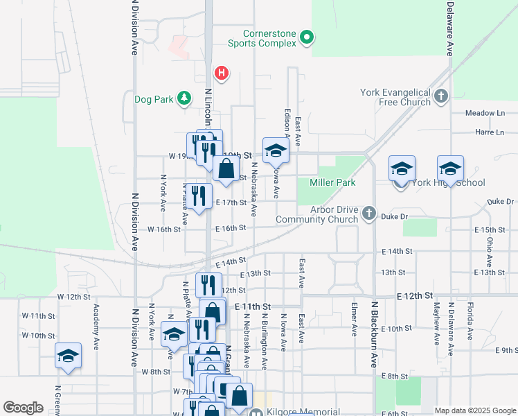 map of restaurants, bars, coffee shops, grocery stores, and more near 1626 North Nebraska Avenue in York