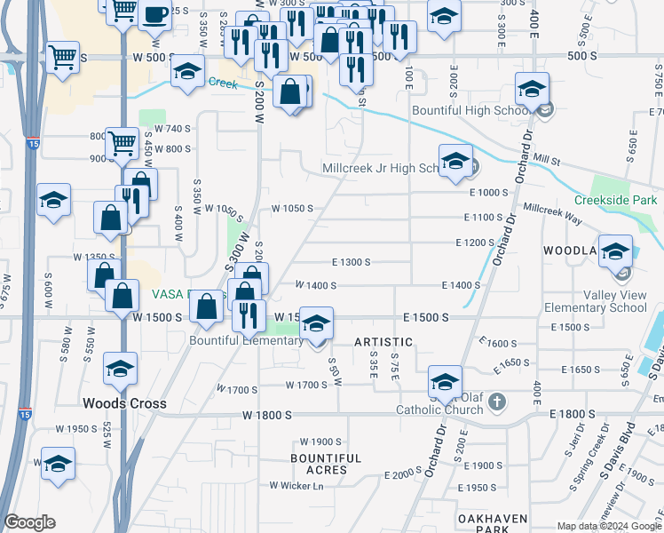 map of restaurants, bars, coffee shops, grocery stores, and more near 59 West 1300 South in Bountiful