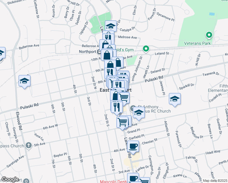 map of restaurants, bars, coffee shops, grocery stores, and more near 246A Larkfield Road in East Northport