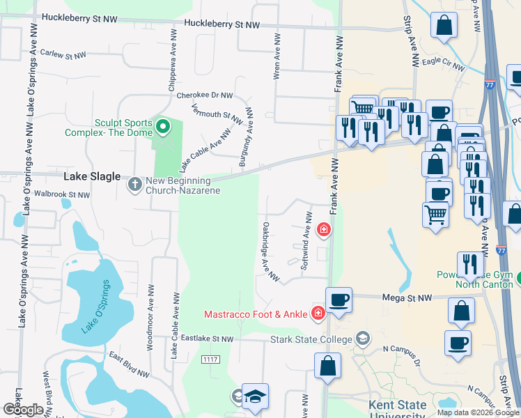 map of restaurants, bars, coffee shops, grocery stores, and more near 6602 Oakbridge Avenue Northwest in Canton