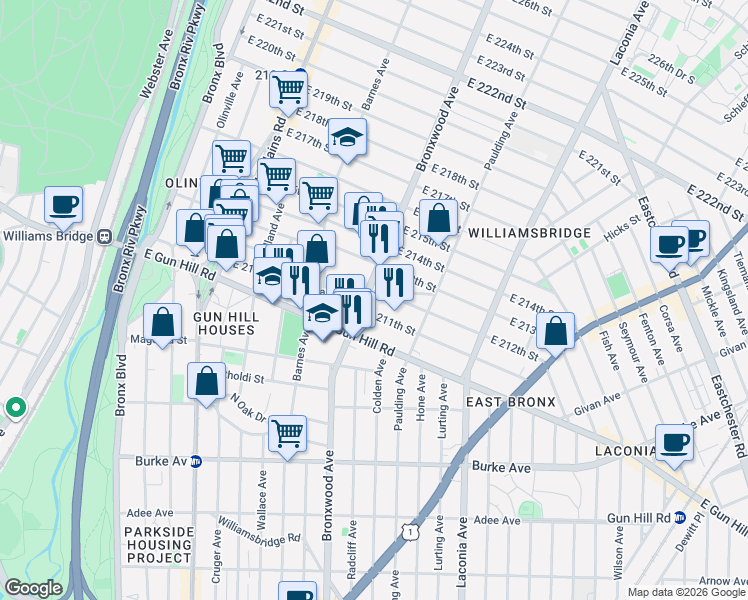 map of restaurants, bars, coffee shops, grocery stores, and more near in The Bronx