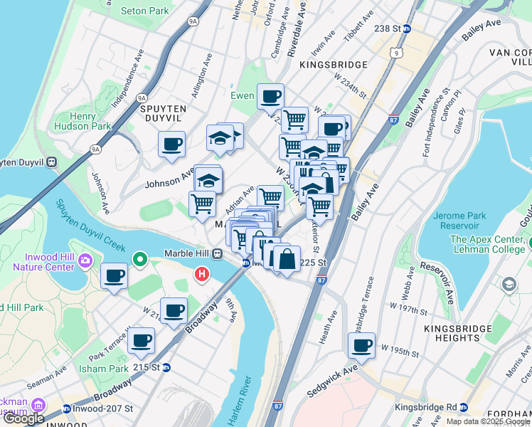 map of restaurants, bars, coffee shops, grocery stores, and more near 120 West 228th Street in The Bronx