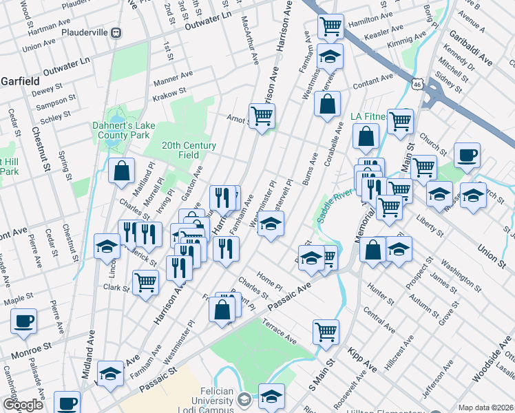 map of restaurants, bars, coffee shops, grocery stores, and more near 263 Westminster Place in Lodi