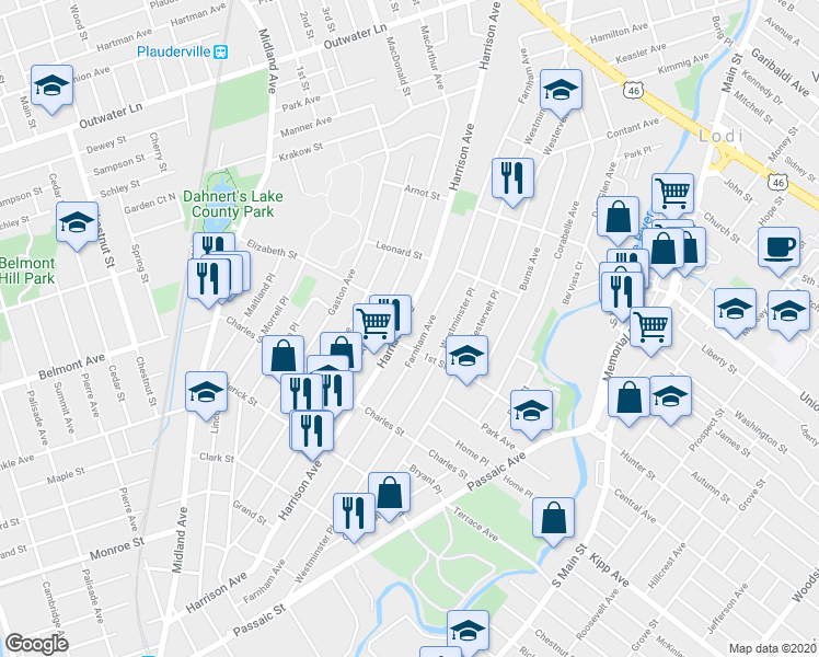 map of restaurants, bars, coffee shops, grocery stores, and more near 306 Harrison Avenue in Lodi