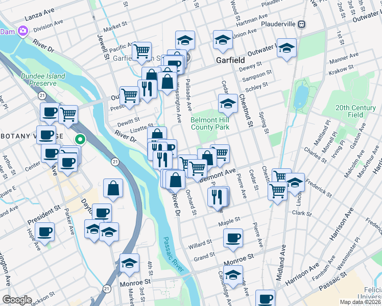 map of restaurants, bars, coffee shops, grocery stores, and more near 112 Wessington Avenue in Garfield