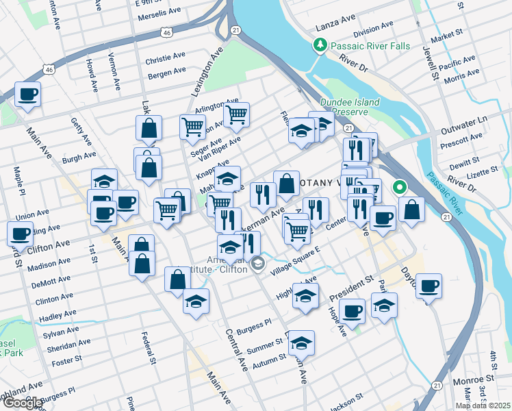 map of restaurants, bars, coffee shops, grocery stores, and more near 13 Sears Place in Clifton