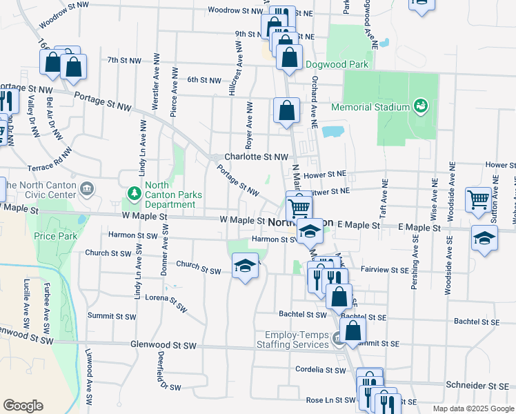 map of restaurants, bars, coffee shops, grocery stores, and more near 119 Mohler Court Northwest in North Canton