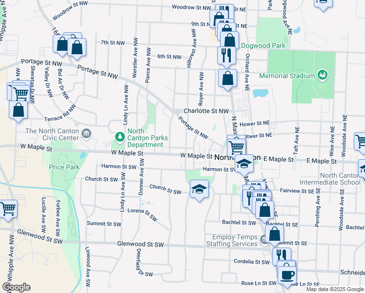 map of restaurants, bars, coffee shops, grocery stores, and more near 119 Royer Avenue Northwest in North Canton