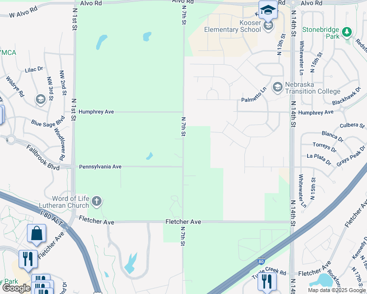 map of restaurants, bars, coffee shops, grocery stores, and more near 6501 North 7th Street in Lincoln