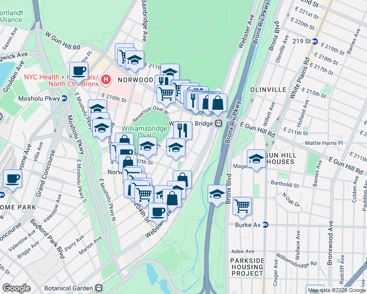 map of restaurants, bars, coffee shops, grocery stores, and more near 3287 Hull Avenue in The Bronx
