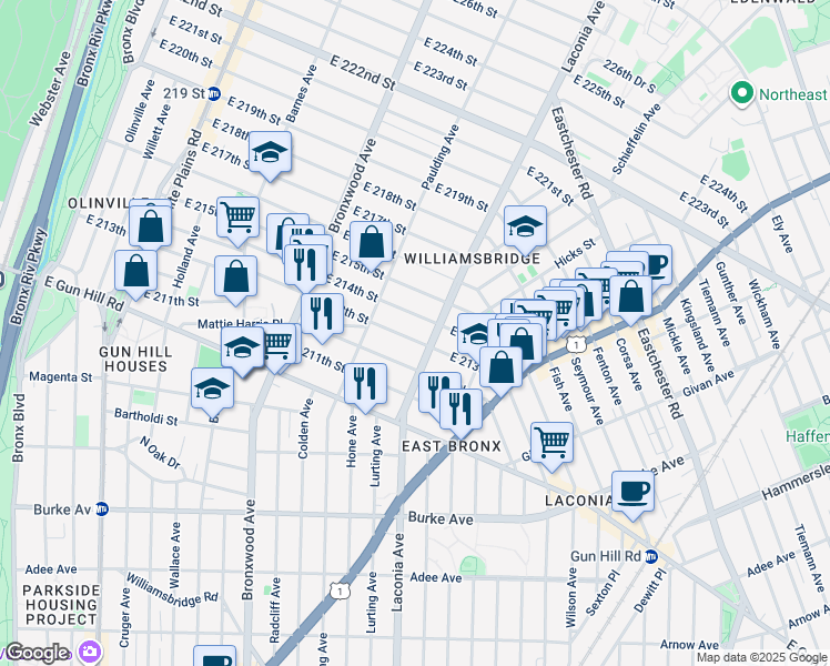 map of restaurants, bars, coffee shops, grocery stores, and more near 1037 East 213th Street in Bronx