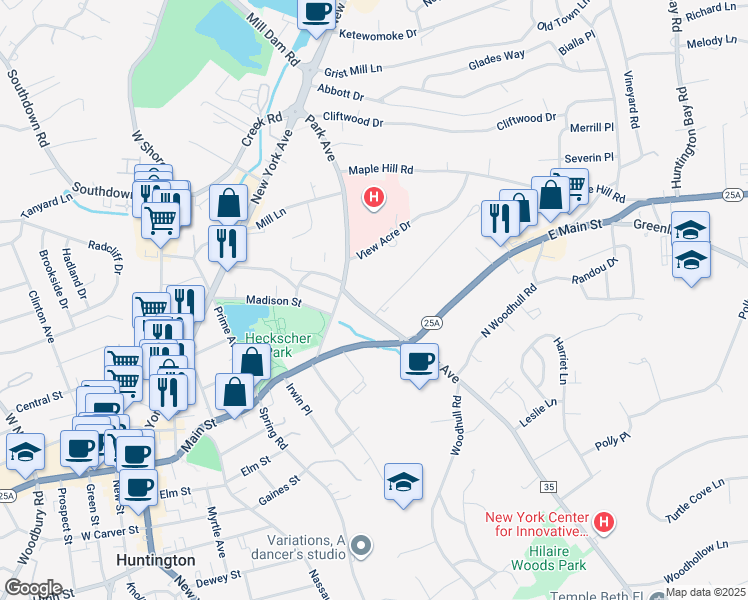 map of restaurants, bars, coffee shops, grocery stores, and more near 5 Cannon Court in Huntington