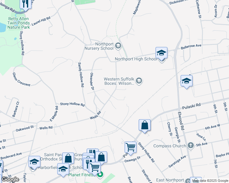 map of restaurants, bars, coffee shops, grocery stores, and more near 116 Wells Road in Northport