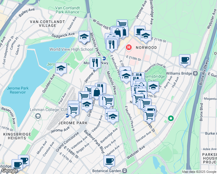 map of restaurants, bars, coffee shops, grocery stores, and more near 100 East Mosholu Parkway South in Bronx