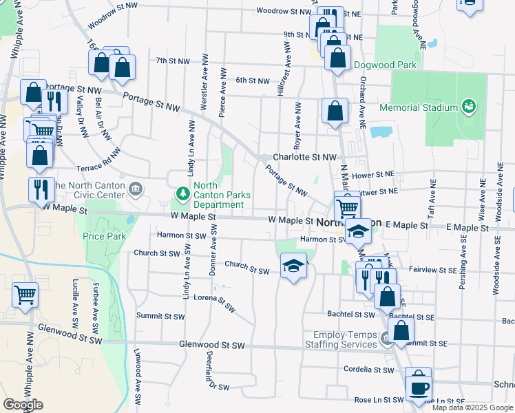 map of restaurants, bars, coffee shops, grocery stores, and more near 114 Willaman Avenue Northwest in North Canton