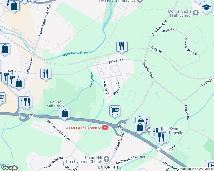 map of restaurants, bars, coffee shops, grocery stores, and more near 1302 Windsor Court in Denville