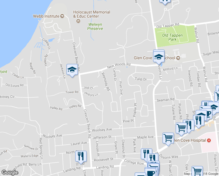 map of restaurants, bars, coffee shops, grocery stores, and more near 22 Reynolds Road in Glen Cove