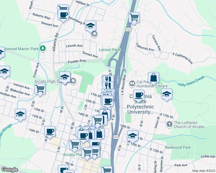 map of restaurants, bars, coffee shops, grocery stores, and more near 1810 H Street in Arcata