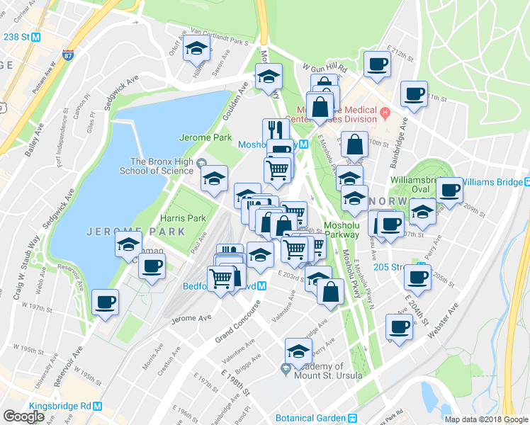 map of restaurants, bars, coffee shops, grocery stores, and more near 3183 Villa Avenue in The Bronx