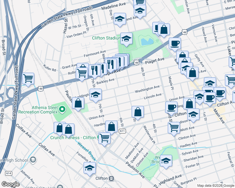 map of restaurants, bars, coffee shops, grocery stores, and more near 276 Washington Avenue in Clifton
