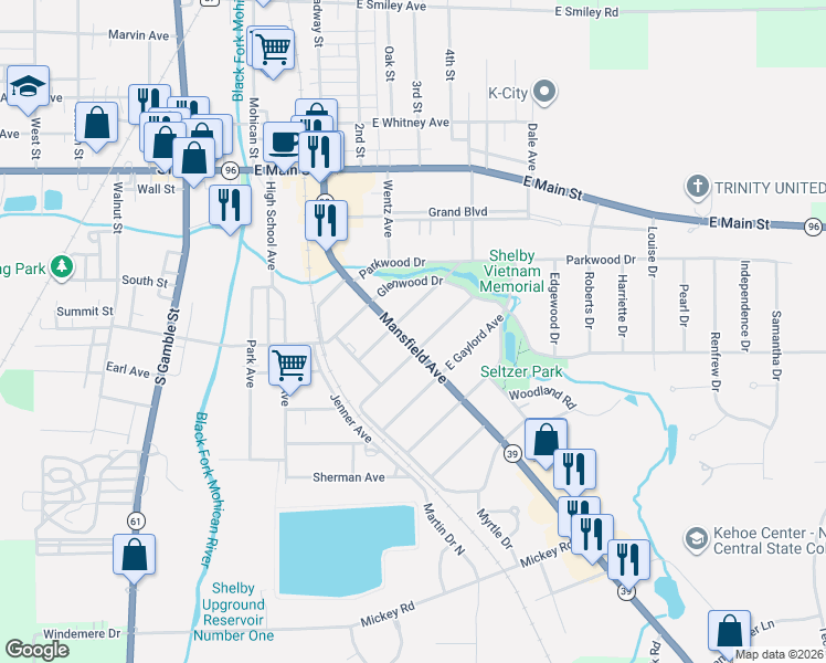 map of restaurants, bars, coffee shops, grocery stores, and more near 79 Mansfield Avenue in Shelby