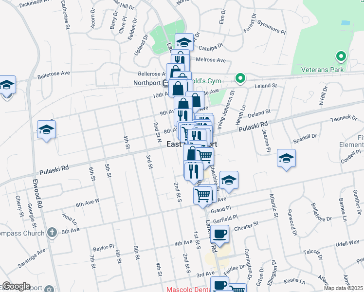 map of restaurants, bars, coffee shops, grocery stores, and more near 615 1st Street North in East Northport