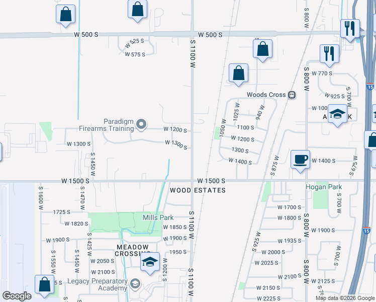 map of restaurants, bars, coffee shops, grocery stores, and more near 1306 South 1100 West in Woods Cross