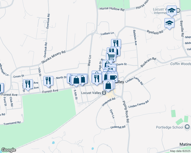 map of restaurants, bars, coffee shops, grocery stores, and more near 6 Weir Lane in Locust Valley