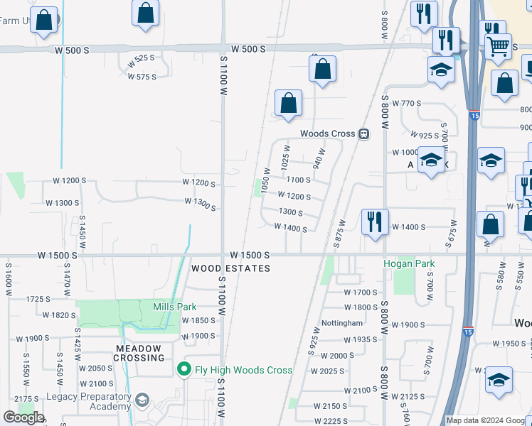 map of restaurants, bars, coffee shops, grocery stores, and more near 1047 West 1300 South in Woods Cross