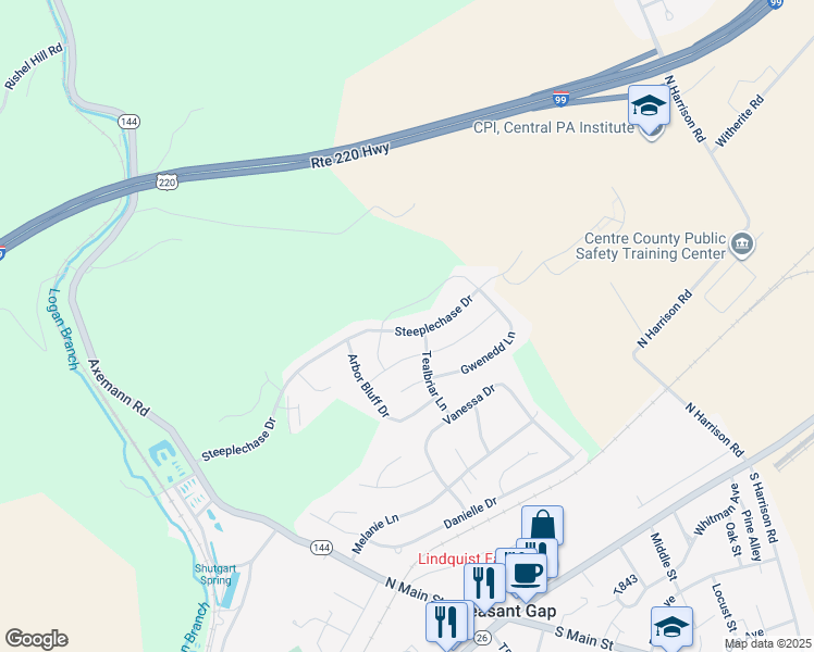 map of restaurants, bars, coffee shops, grocery stores, and more near 216 Steeplechase Drive in Bellefonte