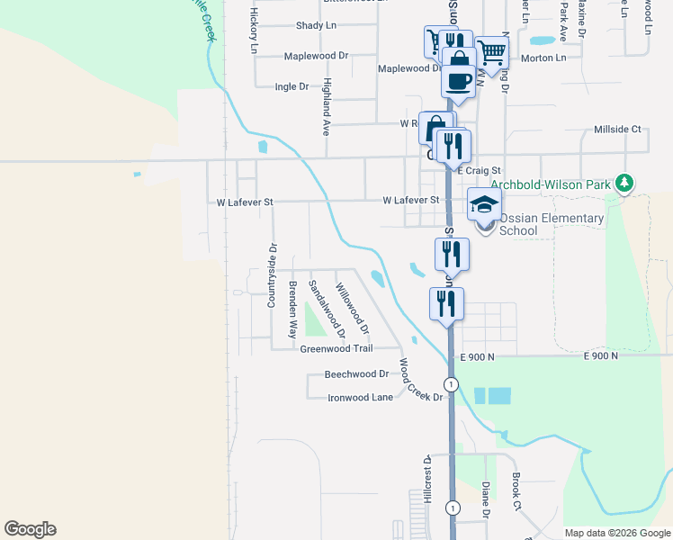 map of restaurants, bars, coffee shops, grocery stores, and more near 415 W Woodcreek Dr in Ossian