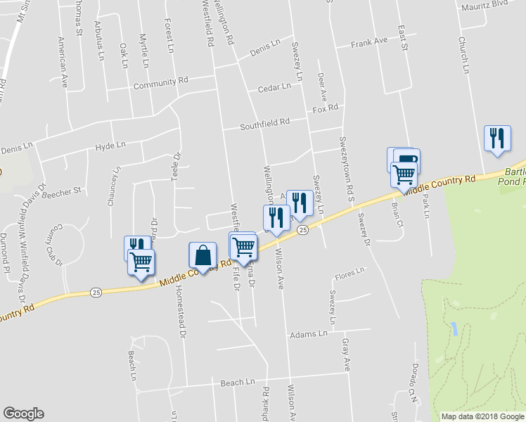map of restaurants, bars, coffee shops, grocery stores, and more near 82 Wellington Road in Middle Island