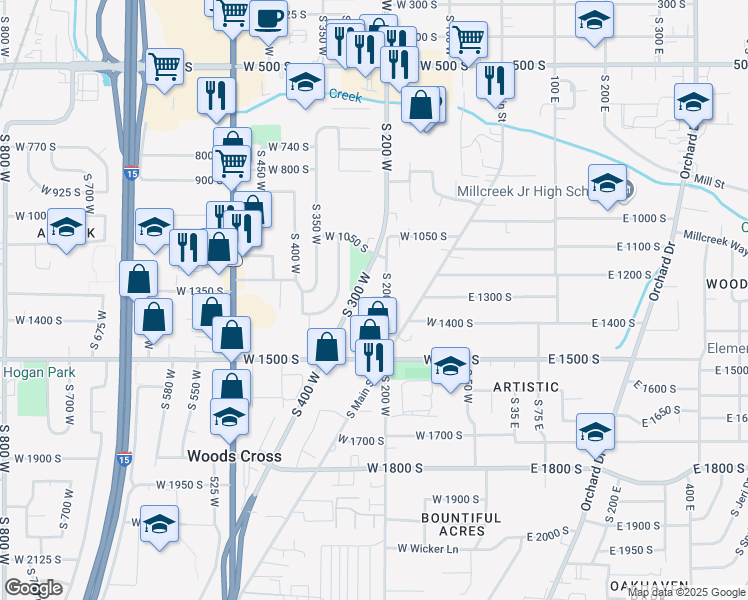 map of restaurants, bars, coffee shops, grocery stores, and more near 1302 South 200 West in Bountiful