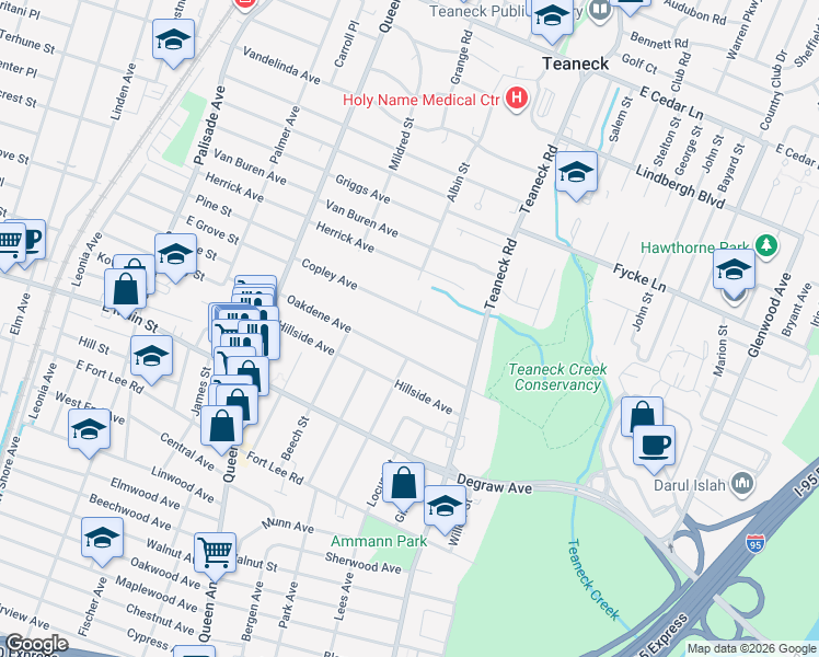 map of restaurants, bars, coffee shops, grocery stores, and more near 84 Copley Avenue in Teaneck
