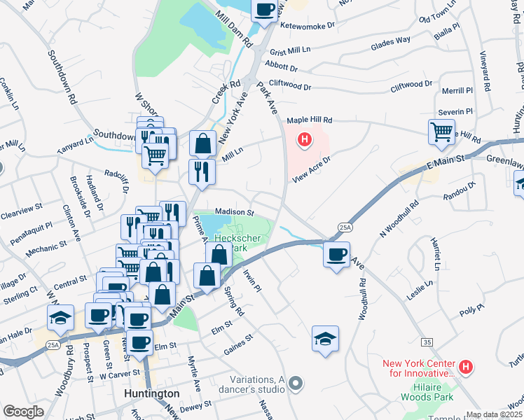 map of restaurants, bars, coffee shops, grocery stores, and more near 83 Madison Street in Huntington