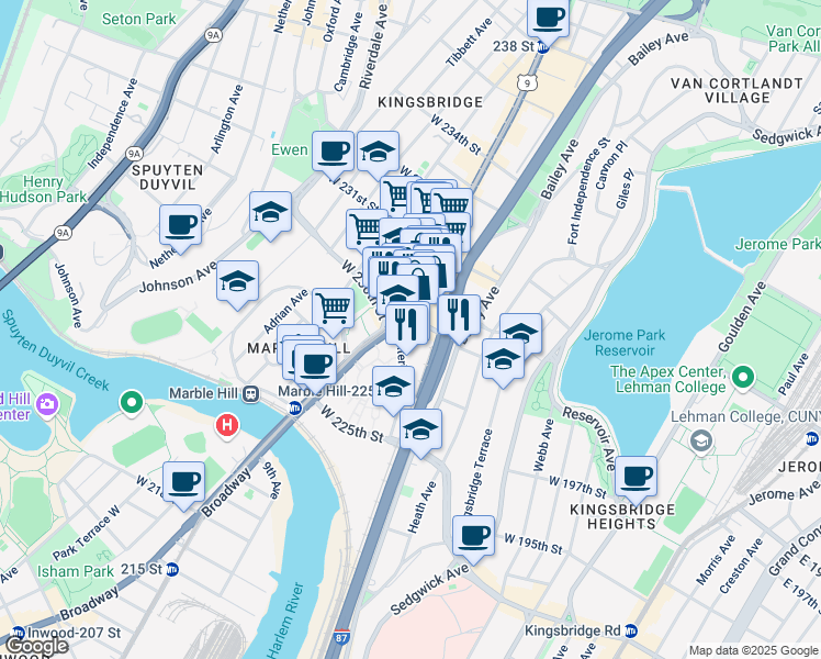 map of restaurants, bars, coffee shops, grocery stores, and more near in The Bronx