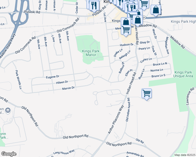 map of restaurants, bars, coffee shops, grocery stores, and more near 48 Ellen Place in Kings Park