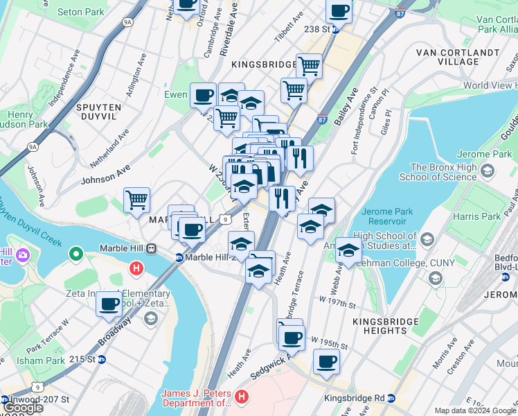 map of restaurants, bars, coffee shops, grocery stores, and more near 188 West 230th Street in The Bronx