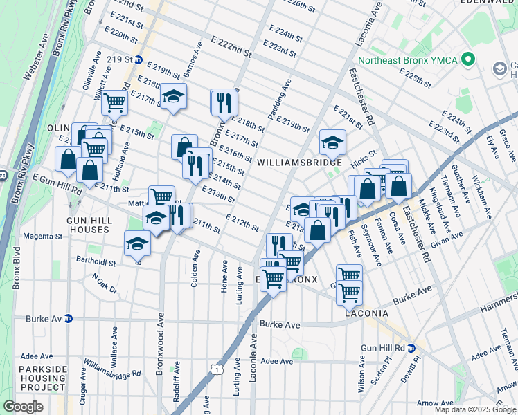 map of restaurants, bars, coffee shops, grocery stores, and more near 1037 East 213th Street in Bronx