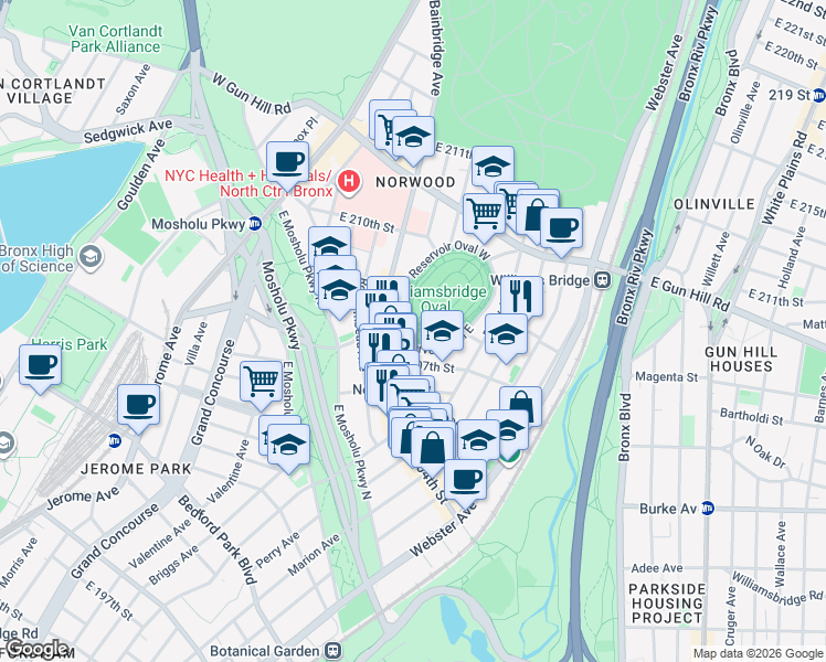 map of restaurants, bars, coffee shops, grocery stores, and more near 3225 Reservoir Oval East in The Bronx