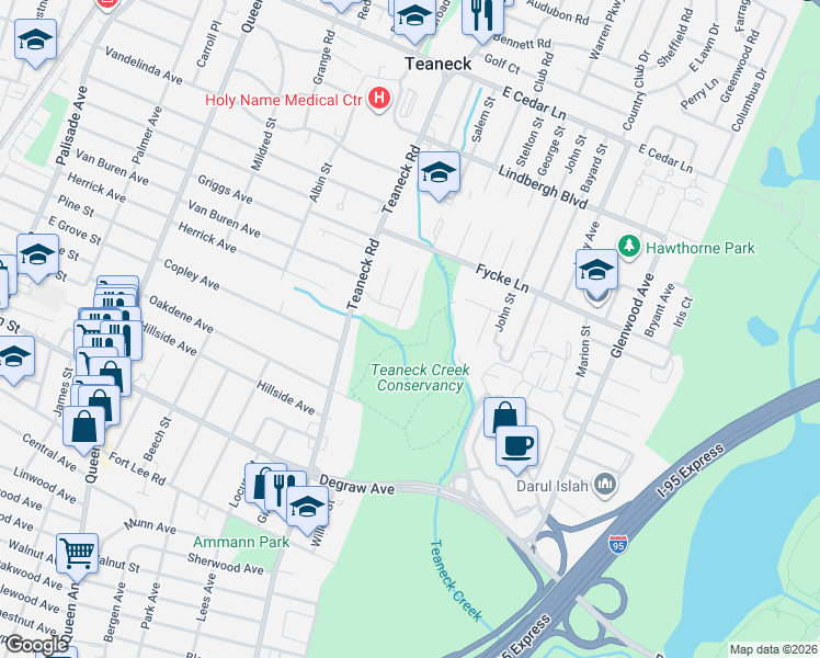 map of restaurants, bars, coffee shops, grocery stores, and more near 547 Sandra Place in Teaneck