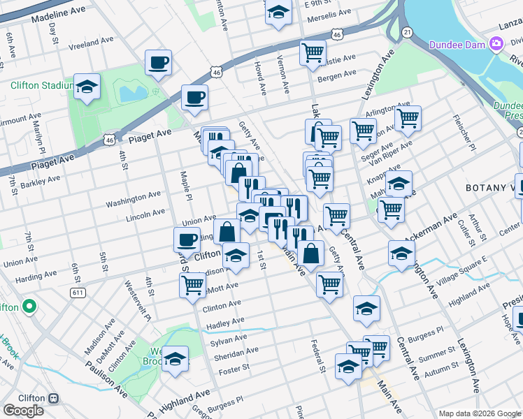 map of restaurants, bars, coffee shops, grocery stores, and more near 1184 Main Avenue in Clifton