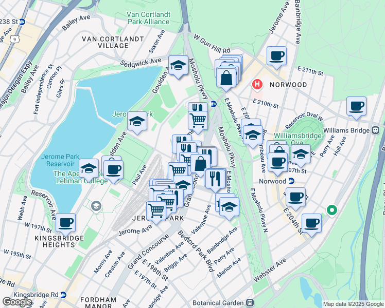 map of restaurants, bars, coffee shops, grocery stores, and more near 3188 Villa Avenue in The Bronx