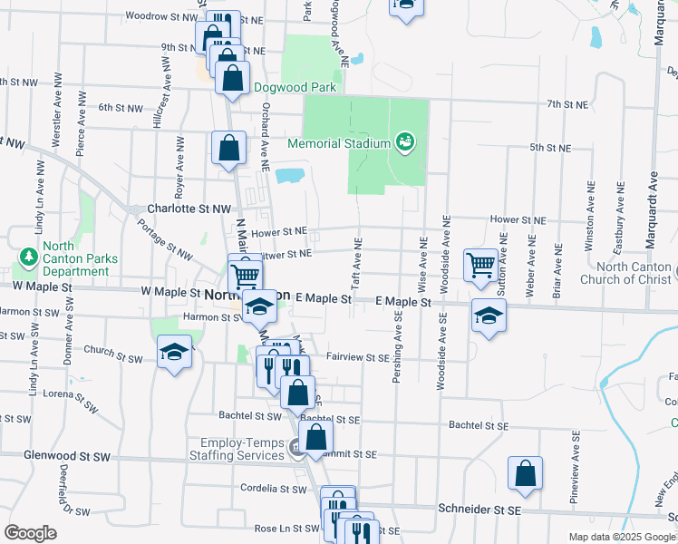 map of restaurants, bars, coffee shops, grocery stores, and more near 339 East Maple Street in North Canton