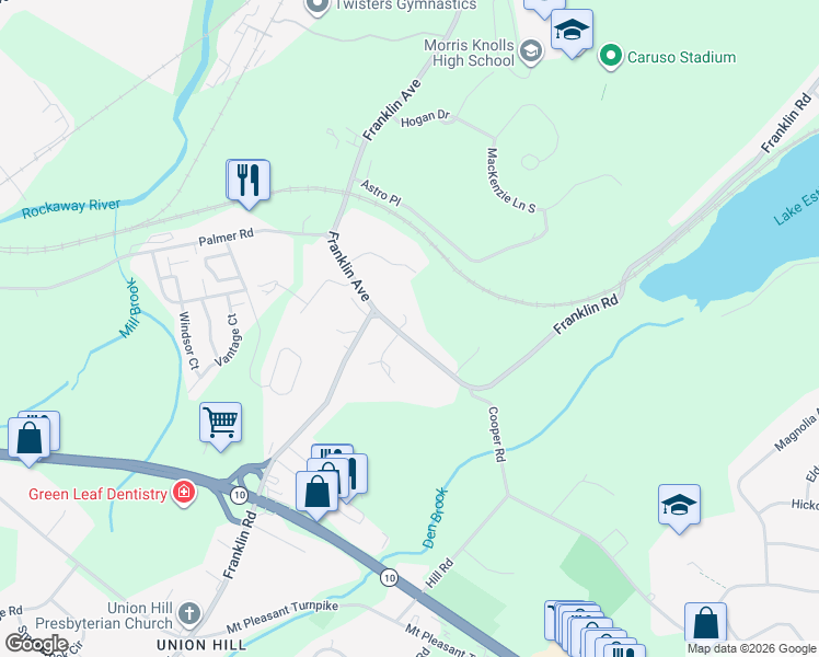 map of restaurants, bars, coffee shops, grocery stores, and more near 355 Franklin Road in Denville