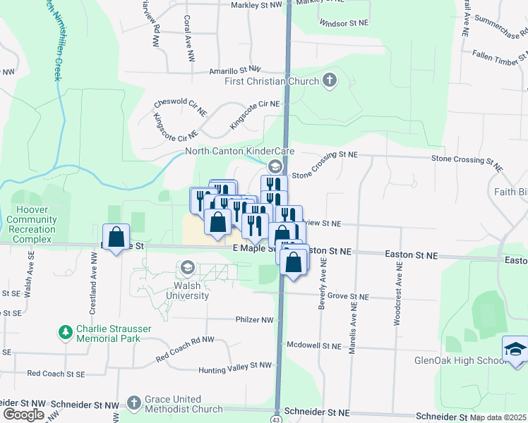 map of restaurants, bars, coffee shops, grocery stores, and more near 6505 Market Avenue North in Canton